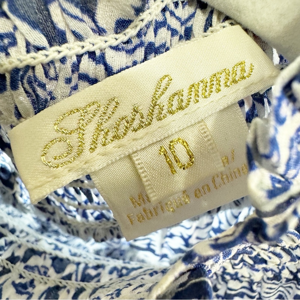 💎 ⭐️ 122. Shoshanna Blue White Silk Dress Size 10 Smocked Collar Elastic Waist - Picture 9 of 11